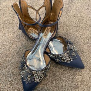 Steel Blue Crystal Embellished Ankle Strap Flats